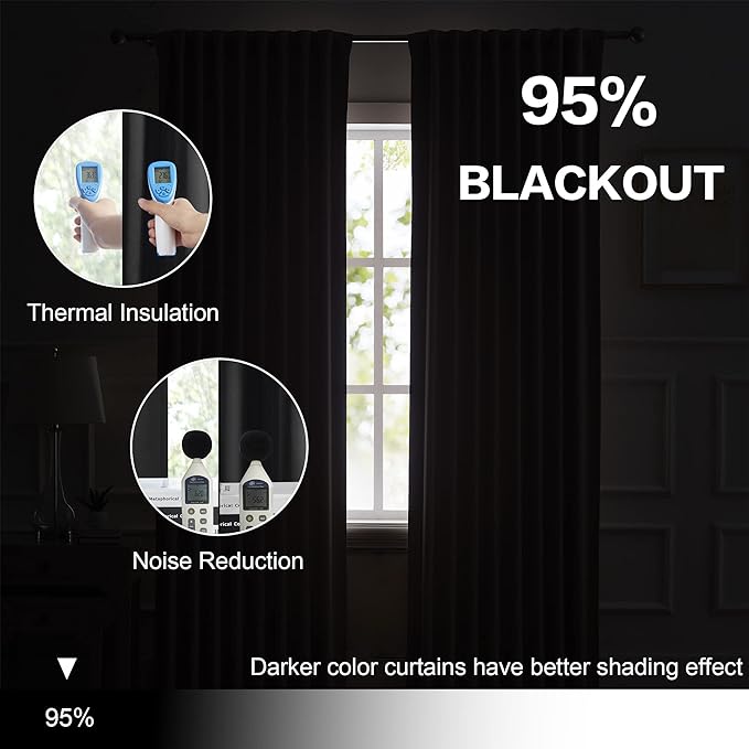 DUALIFE Black Out Curtain Drapes 108 Inch Length for Living Room Thermal Insulated Blackout Energy Saving Long Curtains for Patio Sliding Glass Door, Black,52x108 Inch,9FT,2 Panels