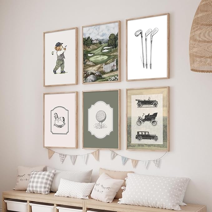 6Pcs Sage Green Vintage Nursery Wall Art Teddy Bear Golf Sports Wall Decor Toddler Vehicle Painting Pictures Vintage Cars Farmhouse Poster for Kids Boys Room Playroom Bedroom 12x16in Unframed