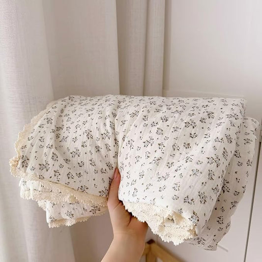 BuLuTu Muslin Cotton Quilt for Toddler Girls Boys, Blue Brown Floral Blanket for Crib/Cot/Toddler Bed Blanket, Soft Lightweight Kids Comforter with Lace Edges, 60x78 Inches, No Pillow Case