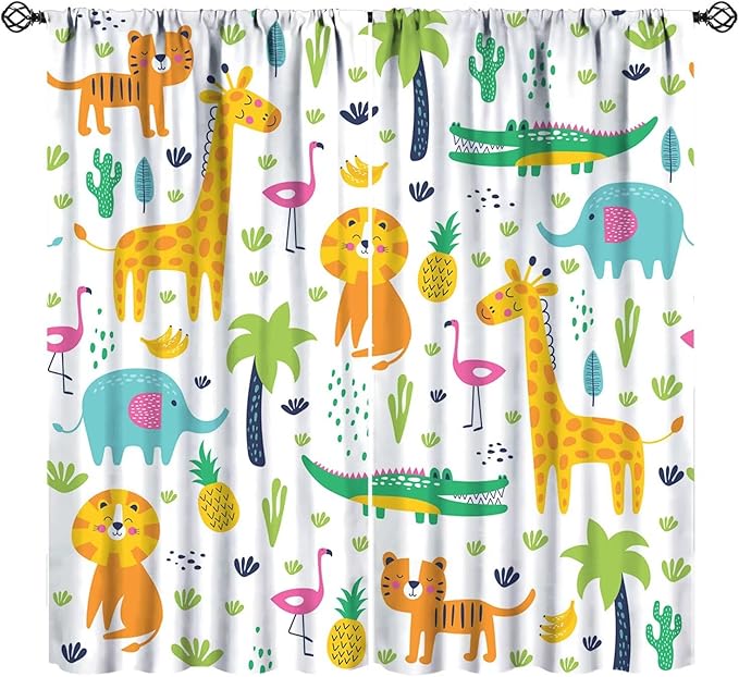 Kids Animals Blackout Curtains Cartoon Cute Abstract Fun Tropical Animals Art Printed for Children Girls Boys Bedroom Nursery Rod Pocket Decoration Window Drapes 2 Panels W21xL63in