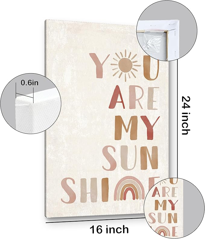 PHAMTE Wall Art You Are My Sunshine Wall Decor,Boho Nursery Decor,You Are My Sunshine Boho Sun Sunshine Rainbow Canvas Framed Wall Decor Home Teens Girls Kids Nursery Classroom Bedroom Living Room(16x24 Inch)