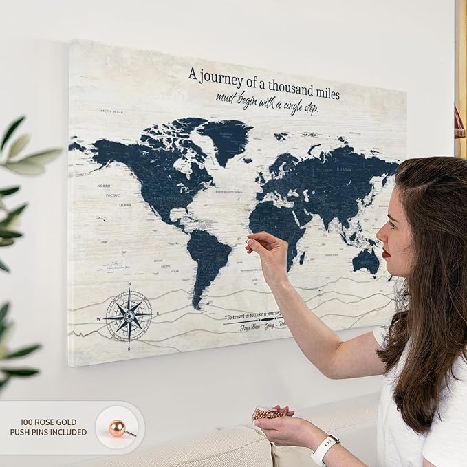 ElephantStock - A Journey I Push Pin World Map Wall Art - Horizontal Canvas Wall Art - Living Room Wall Decor - Digital Art Map Canvas Art - Blue And Beige Decor - 39" x 26"