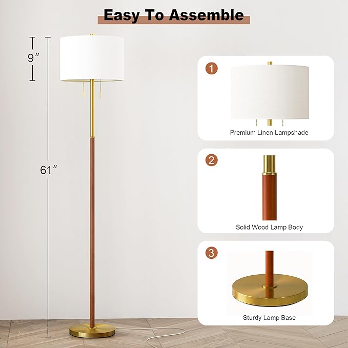 61" Wood Floor Lamp for Living Room 2-Light Standing Tall Lamps Mid Century Modern Floor Lamps for Bedroom Office Nursery Corner Industrial Reading Room Lamp, 3 Color Temperatures 9W Bulbs Included