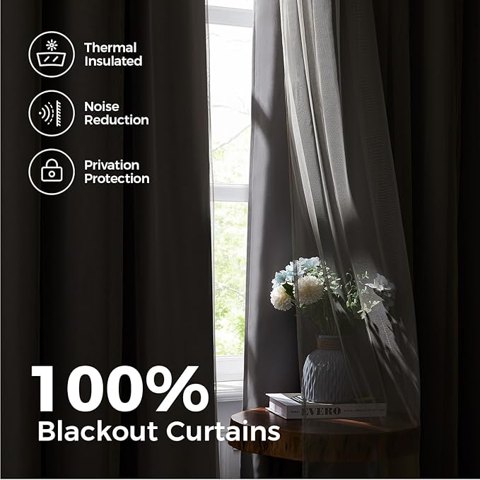 100% Blackout Curtains for Bedroom, Double Layer Grey Curtains, Black Out Curtain 108 inch Long with Sheer Overlay for Living Room, Room Darkening Window Drapes with Grommet, 52" W x 108" L
