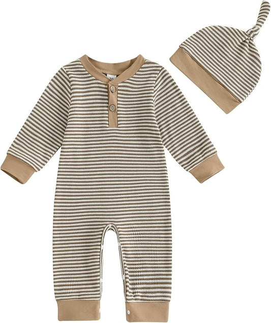 Infant Boys Fall Clothes Newborn Baby Romper Hat Stripe Knit Long Sleeve Bodysuit Jumpsuit Baby Going Home Outfit
