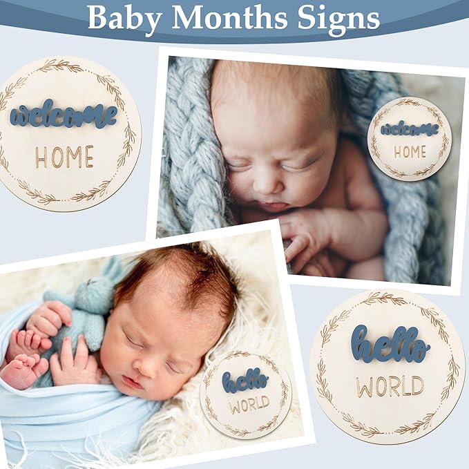 Baby Monthly Milestone Cards, Wooden 3D Baby Milestone Signs, Double Sided Blue Monthly Baby Milestone for Newborn Boy Girl 1-12 Months Photos
