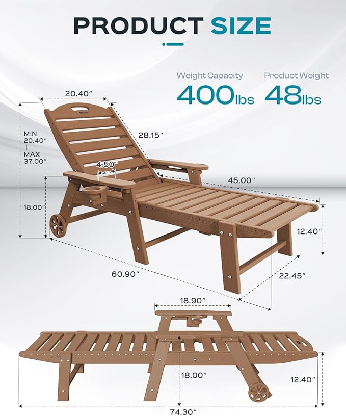 Lounge Chair Outdoor, Oversized Chaise Lounge Chair with 5 Positions, HDPE, Patio Lounge Chair with Wheels & Cup Holder for Pool, Deck, Poolside, Teak