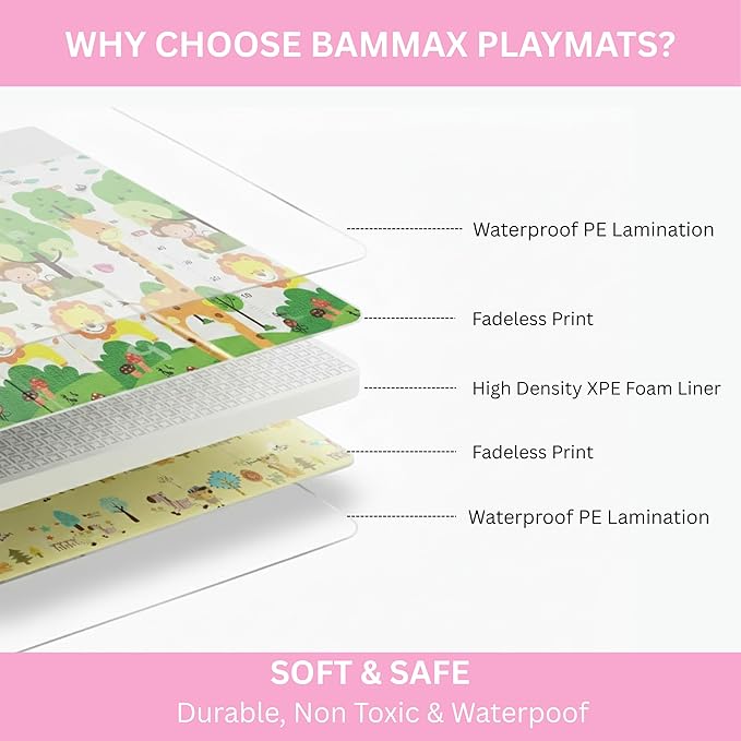 Bammax X-Large 78" x 70" x 0.4" XPE Foam Padded Baby Play Mat + Travel Bag | Waterproof, Reversible & Foldable Design | Baby Crawling Mat & Kids Play Mat – Giraffe & Mixed Animals