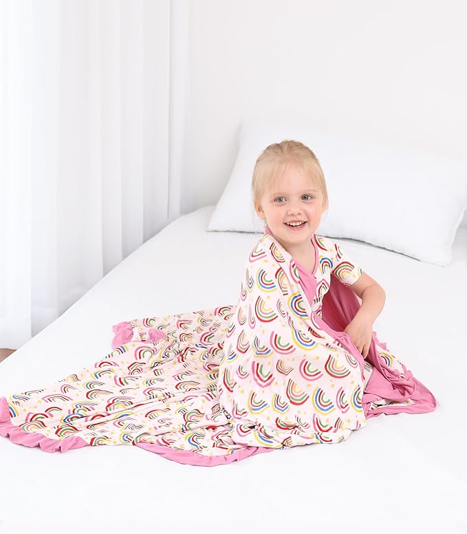 Premium Baby Blankets, Soft Viscose from Bamboo Blanket for Girls, Nursery Crib Bedding Quilt for Newborn and Toddler, Ruffle Blanket Cooling for Hot Sleepers, 50''x50'' Rainbow