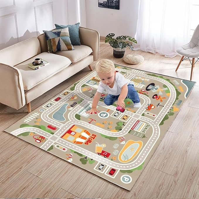 Car Rugs Play Mat for Toy Cars，Kids Rug with Roads for Playroom，City Life Road Carpet for Baby Learning，Non-Slip Educational Nursery Rug for Toddlers(Grey, 80×120cm/31×47")