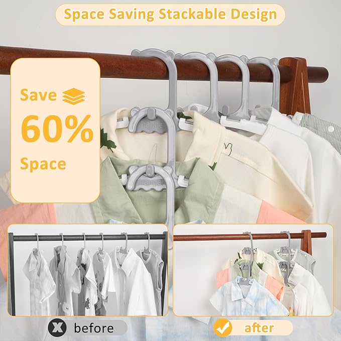 50 Pack Baby Clothes Hanger with 16 Clips, 11-15 inch Adjustable Kid Hangers, Multifunctional Children Hanger for Girl Boy Toddler Kids Child(Grey)