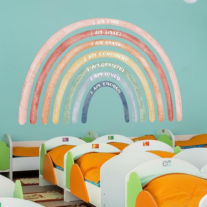 Tinideya 76.77x47.24'' Watercolor Large Rainbow Wall Decal Classroom Wall Decor with Inspirational Quote Peel and Stick Stickers Waterproof Wallpaper for Girls Kids Bedroom Nursery Playroom(Cute)