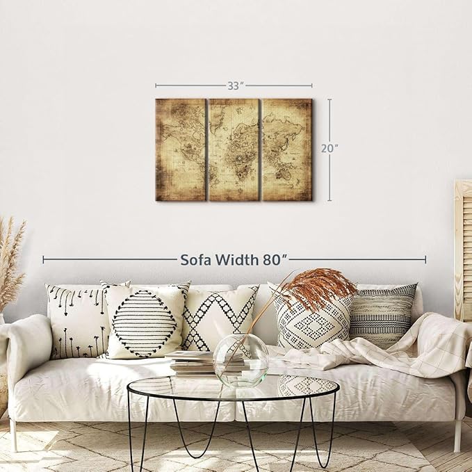 ElephantStock Ancient World Map Wall Art Multi Piece Canvas - 3 Piece Canvas World Map Wall Decor - Wall Decor - Ready-to-Hang Print - Vintage Wall Art - 33" X 20"