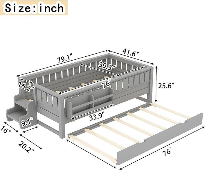 Bellemave Twin Bed with Trundle Twin and Stairs, Twin Size Platform Bed Frame with Fence and Bookshelf, Easy Assemble Beds for Kids, Girls, Boys, Gray