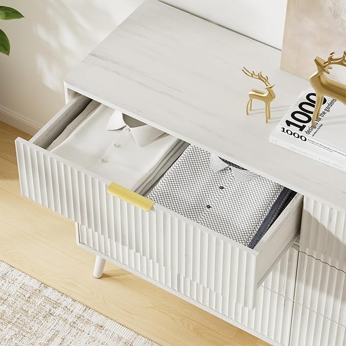 LYNSOM 55" Wide Fluted Dresser for Bedroom with 7 Drawer, Modern Chest of Drawers with Curved Profile Design and Metal Handles, Wood Dresser TV Stand & Storage Organizer for Living Room, White