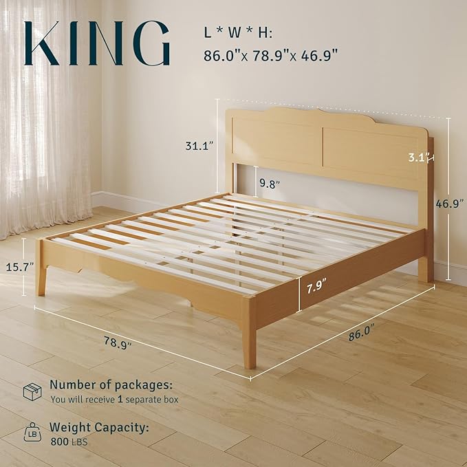 King Bed Frame and Headboard, Wooden Platform Bed with Wood Slats Support, Modern Bed Frame with Storage&Charging Station, No Box Spring Needed, Easy Assembly, Noise Free, Natural