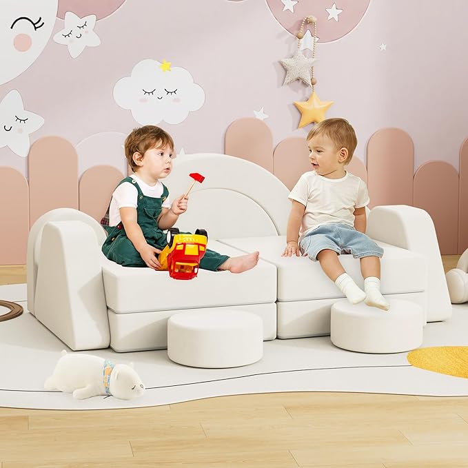 12 PCS Modular Kids Play Block Couch Child Sectional Soft Sofa Toddler Building Fortplay Climbing Bedroom Playroom Baby Convertible Floor Foam Cushion for Boys & Girls (Cream+Double Seat-1)