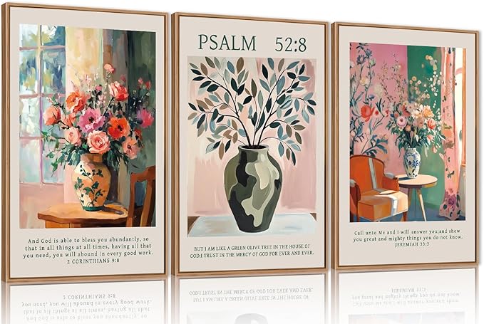 FWIEXA Christian Bible Verse Canvas Wall Art Set, Boho Scripture Floral Wall Decor, Colorful Jesus Religious Painting Artwork, Modern Flower Shop Prints, 3 Piece 16"x24" Art for Living Room, Bedroom, Women, Rustic Farmhouse
