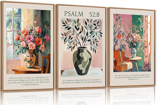 FWIEXA Christian Bible Verse Canvas Wall Art Set, Boho Scripture Floral Wall Decor, Colorful Jesus Religious Painting Artwork, Modern Flower Shop Prints, 3 Piece 16"x24" Art for Living Room, Bedroom, Women, Rustic Farmhouse