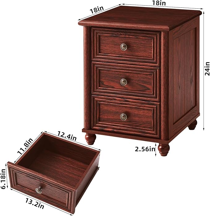 18" Farmhouse Night Stand, Red Oak Wood Nightstand with 3 Drawers, Bedside End Table with Storage and Roman Column, Bed Side Tables Cabinet for Bedroom, Living Room, and Closet