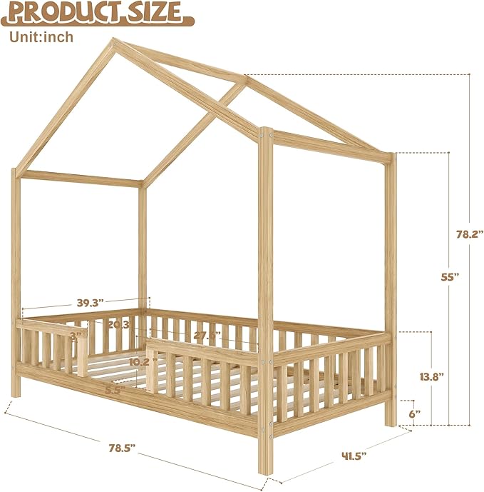 Montessori Floor Bed with Canopy, High Railings and Roof, Twin Size Wood House Bed Frame for Kids Bedroom (Natural/C2)