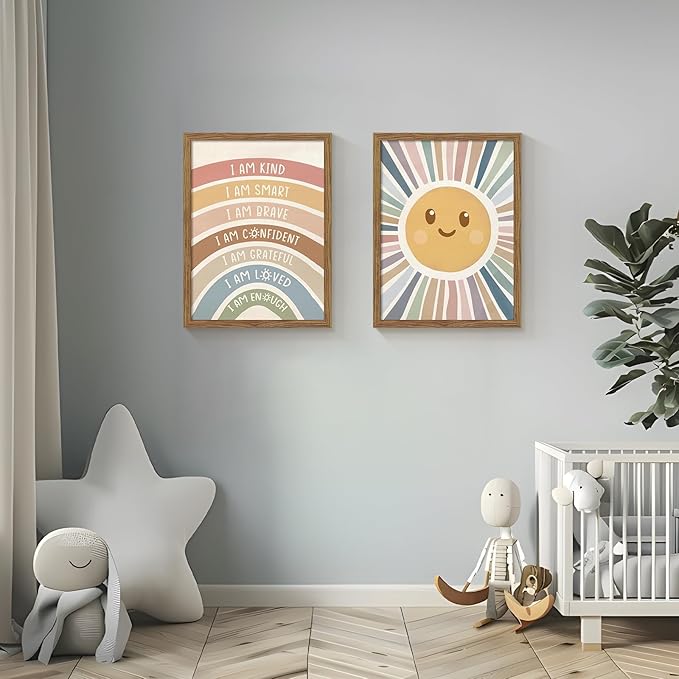 Dytila 2 Piece Framed Boho Rainbow Kids Room Wall Art, Positive Affirmations Playroom Wall Decor, Sun Smiley Face Nursery Painting Canvas Prints for Classroom Toddler Room Decor 12x16 Inch