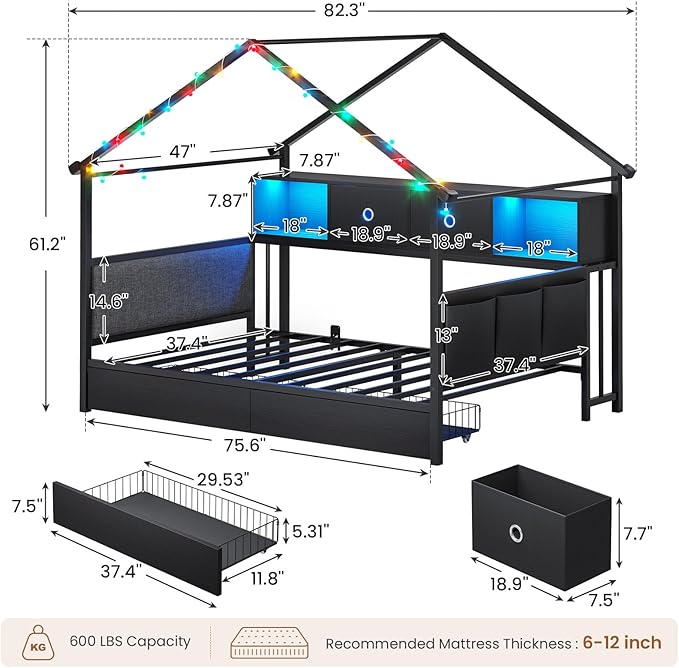 Hasuit Corner Twin House Bed Frame with Storage Drawers & Bookcase, House Shaped Metal Beds with Charging Station & LED Light, Corner Bed with Upholstered Headboard, Twin Size Bed for Kid Teens, Black