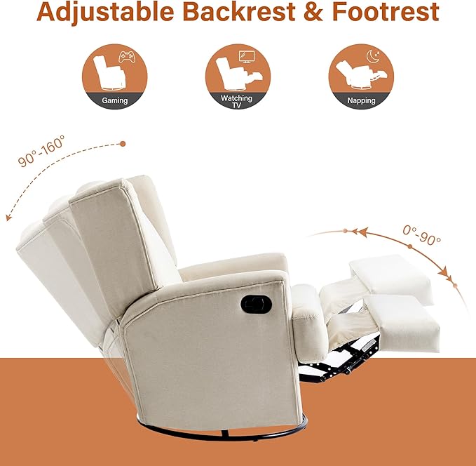 UIXE Swivel Glider Recliner Chair for Adults, Fabric High Back Accent Chair Nursery Rocker for Living Room, Upholstered Manual Reclining Sofa Seating with Deep Seat - Beach