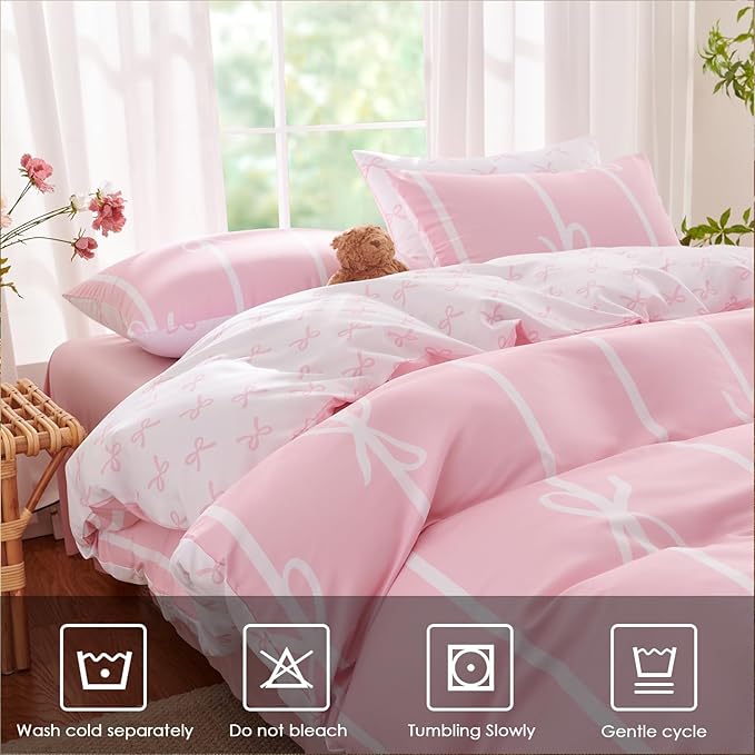 Pink Bow Duvet Cover Queen Coquette Bedding Set for Girls Kids Cute Princess Style Bowknot Bedding Ultra Soft Microfiber Duvet Cover Set with 2 Pillowcases(No Comforter)