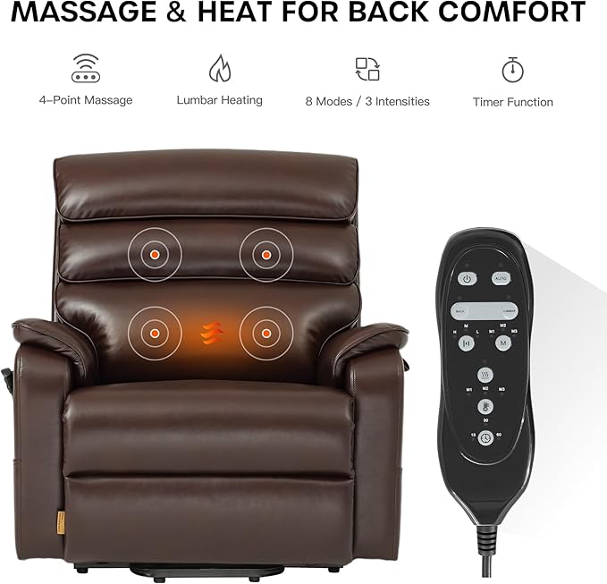 DYNOX Big Man Lift Chair 500lbs Extra Large Wide Lift Recliner Oversized Tri-Motor Power Lift Chair for Elderly, Massage & Dual Heat for Back and Seat (9398, Faux Leather, Brown)