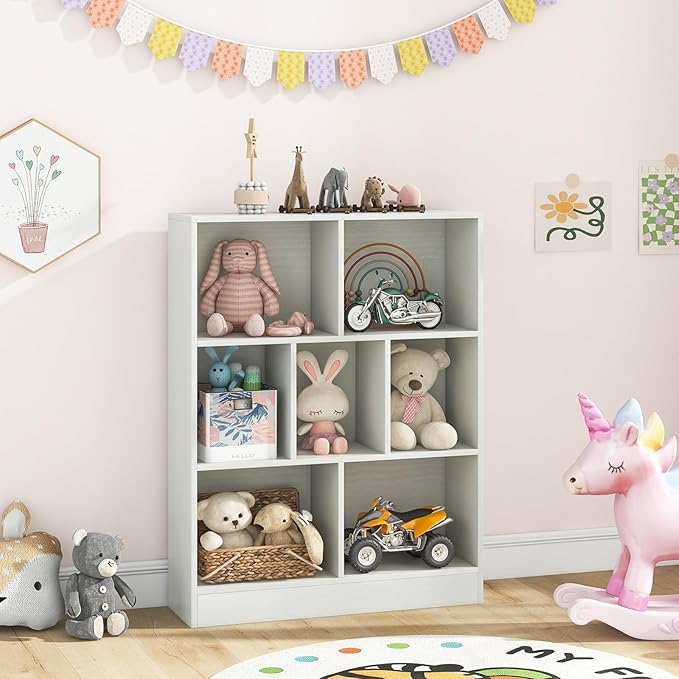 Costzon 7-Cube Bookshelf for Kids, Wooden Toy Storage Organizer w/ 2 Anti-Toppling Kits, 3 Tier Open Shelves & Non-Slip Foot Pads, Montessori Toy Shelf for Kids Rooms, Playroom, Classroom, Nursery