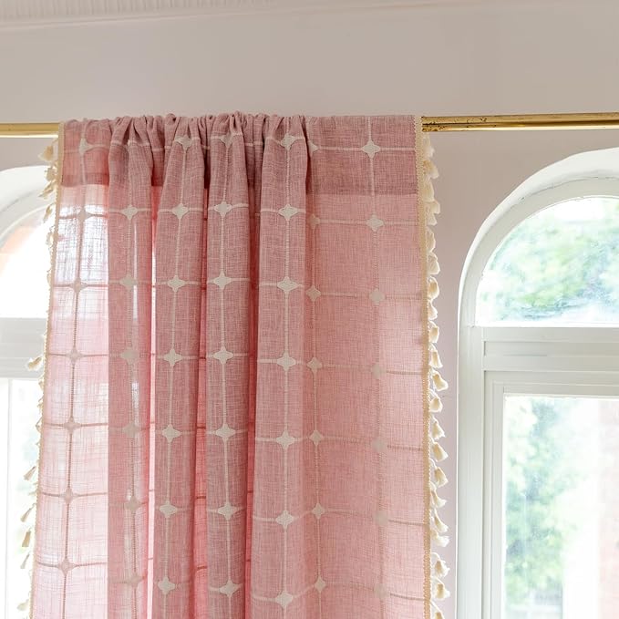 Deeprove Pink Boho Curtains 84 Inches Long for Girl's Bedroom Nursery Room, Cotton Linen Plaids Embroidery Semi Blackout Bohemian Window Treatment Grids Drape Tassels, 1 Panel W52 x L84
