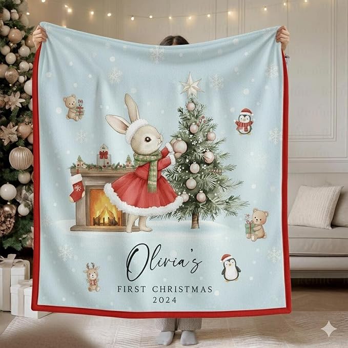 Personalized Baby's First Christmas Blanket, Custom Bunny Girl Baby Name Christmas Blanket, Soft Fleece Or Sherpa Throw, Baby Shower, Made in USA