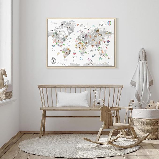 Grey Kids World Map Wall Art Animal Map Canvas Wall Art Nursery Wall Decor World Map Poster Childrens Room Decor Playroom Prints Educational Artwork 16x24 Inch Framed