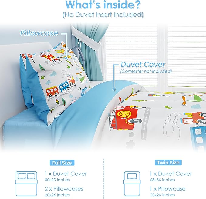 SANDJEST Transportation Duvet Cover Sets Full Size for Kids Boys, Incude 1 Polyester Comforter Cover 80x90 Inches and 2 Pillowcases 20x26 Inches, Comforter Not Included, Gift for Christmas Birthday