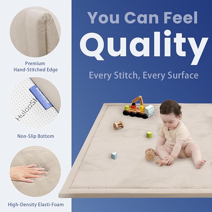 Baby Play Mat for Floor,1.3" Thick Elasti Foam Tummy Time Mat,Soft Coral Velvet Nursery Rug,79"×118" Extra Large Non Slip for Crawling,Toddlers,Infants,kids,Tatami Style for Living Room,Classroom,Playroom(Beige)