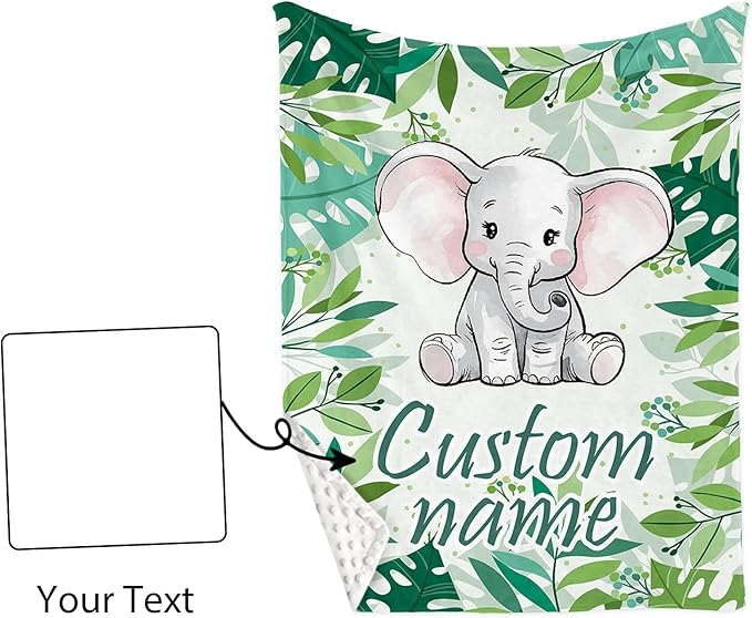 Custom Baby Crib Bedding Set - Green Elephant Design Personalized Name Baby Nursery Bedding 3 Pcs Set - Chic Soft Blanket, Fitted Sheet, Room Rug for Newborns Boys Girls Gifts