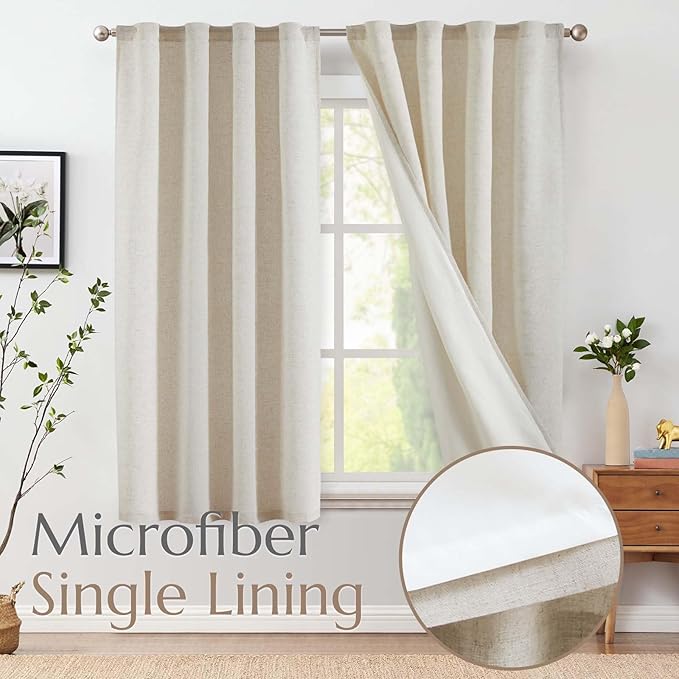 jinchan Linen Curtains with Privacy Lining 63 Inches Length Crude Beige Natural Farmhouse Closet Lined Drapes for Small Narrow Window Bedroom Living Room Bay Window 2 Panels Rod Pocket Back Tab