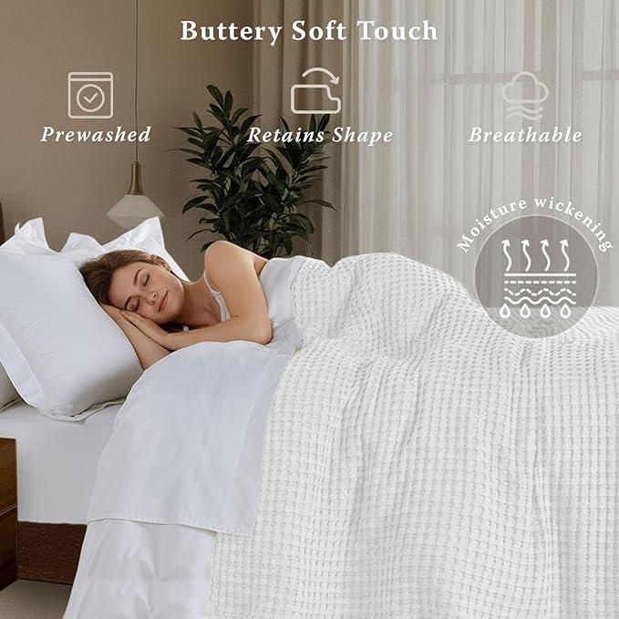 Threadmilll Cooling Waffle Blanket King Size | Breathable, Lightweight and Cooling | Made from Rayon Derived from Bamboo | Waffle Throw Blanket for Couch and Sofa | 106 x 92 Inches | White