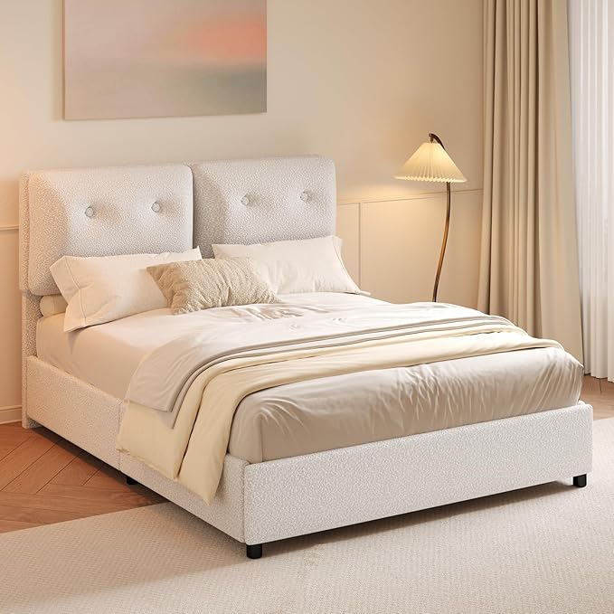 Queen Bed Frame with Headboard, Cloud Boucle Upholstered Bed Frame, Modern Soft Style, Adjustable Headboard, No Box Spring Needed, Easy Assembly, White