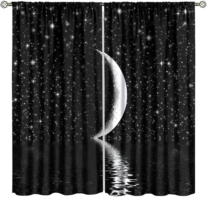 Night Starry Sky Curtain, Black Moon Phase Cloud Stars White New Moon Sparkly Shiny Galaxy Space Lake Fantasy Window Curtains for Kids Boys Girls Room Bedroom Living Room Decor 42" W X 45" L