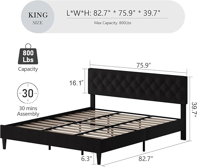 BarnFurin King Size Platform Bed Frame, Fabric Upholstered Bed with Button Tufted Headboard, Adjustable Headboard Design, Easy Assembly, No Box Spring Required, Dark Grey