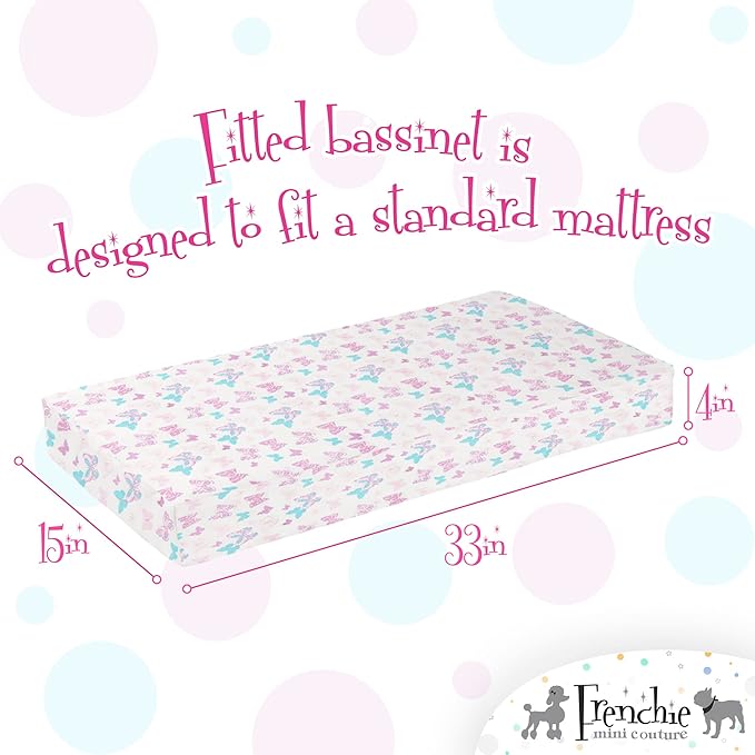 Frenchie Mini Couture, Bassinet Sheets for Babies, 2 Pack, 100% Woven Cotton, Pink Bassinet Protector, Fits Standard Bassinets, 15 x 33 x 4in, Butterfly