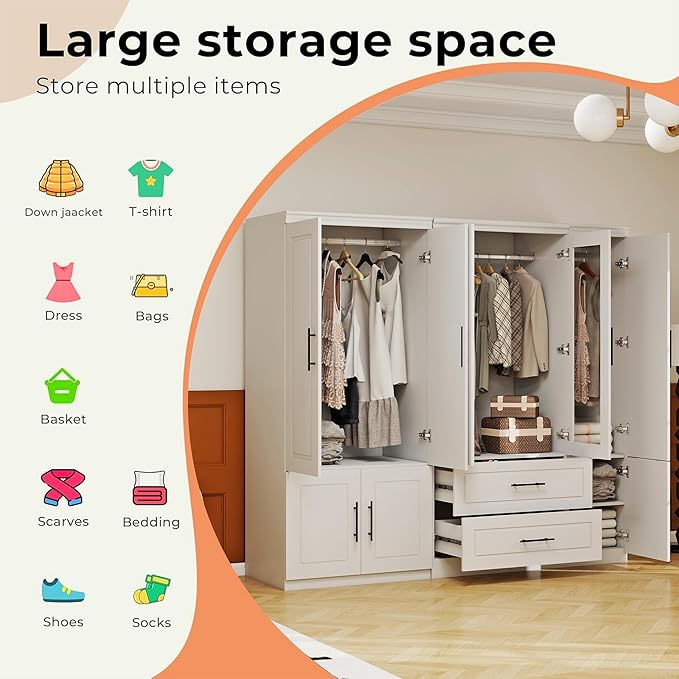 5 Door Armoire Wardrobe Closet with Mirror: Wood Wardrobe Closet Combination Bedroom Armoire 2 Drawer with Hanging Rods Glass Door for Home/Bedroom/Living Room White