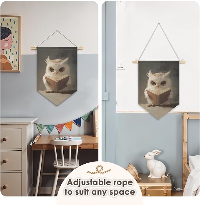 Wheatwin Kids Room Decor, Cute Owl Reading Book Wall Hanging Pennant Flag Banner, Owl Wall Decor for Boys Girls Toddler Nursery Reading Corner Nook Room Bedroom Classroom 15x11 Inch