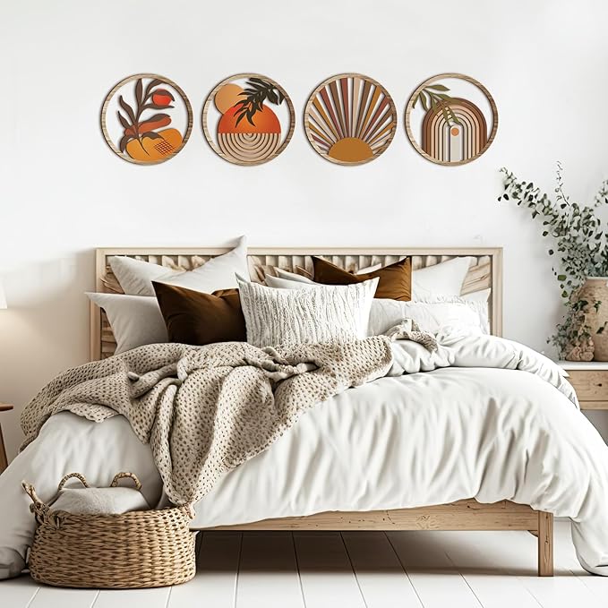 Qunclay 4 Pieces Boho Wall Art Wooden Round Wall Decor Hollow-out Hanging Art Nursery Decor Farmhouse Geometric Hanging 10 Inch Aesthetic Wood Minimalist for Apartment Bedroom Bathroom Gift(Stylish)