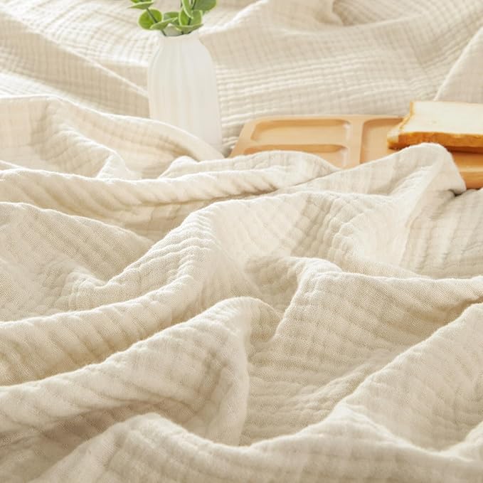 PHF 100% Cotton Muslin Blanket Queen Size 90"x90", 4-Layer Lightweight Gauze Throw, Breathable Cloud-Soft Minimalist Blanket for Bed, Couch, Camping & Baby, Beige/Short Bread, Ideal Gift