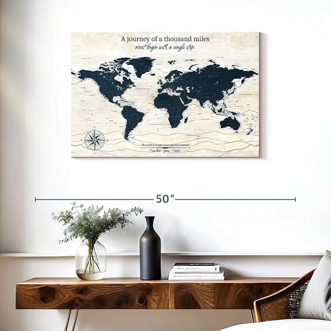 ElephantStock - A Journey I Push Pin World Map Wall Art - Horizontal Canvas Wall Art - Living Room Wall Decor - Digital Art Map Canvas Art - Blue And Beige Decor - 36" x 24"