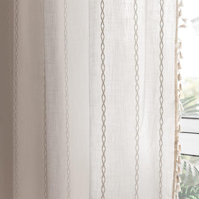 Deeprove White Boho Curtains 96 Inches Long for Nursery Bedroom Christmas Decor, Bohemian Embroidery Cream Weighted Cotton Linen French Country Window Treatments with Tassel, W52 x L96, 1 Panel