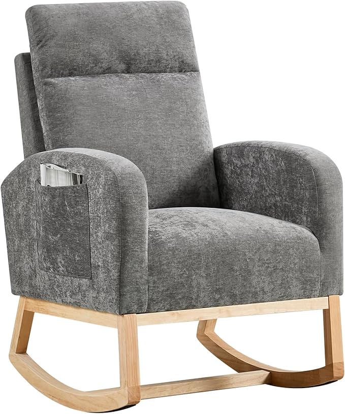 Rocking Chair Nursery, Modern Upholstered Glider Rocker with Side Pocket, Upholstered Lounge Chair with Solid Wood Base for Relaxin, for Living Room, Bedroom